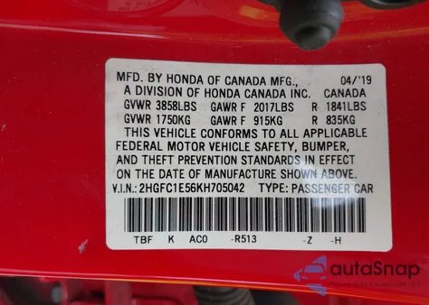 2019 Honda Civic Si из США, поврежденный, VIN 2HGFC1E56KH705042